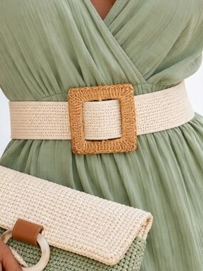 Bamboo Buckle Waist Belt | Wide Stretch Cinch | Boho Chic Neutral